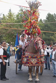 POLIZZI GENEROSA, SICILY - AUGUST 19:Folkloristic parade of traditional horse-cart in Sicily during the "Festival of hazelnuts",launch of hazelnuts: August 19, 2012 in Polizzi Generosa,Sicily, Italy