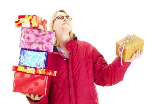 A female person throwing a colorful gift