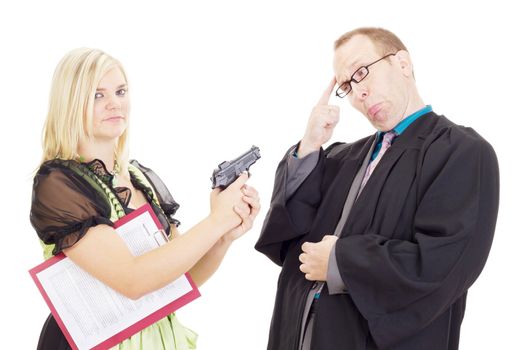 Young woman hold a lawyer at gunpoint