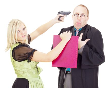Young woman hold a lawyer at gunpoint