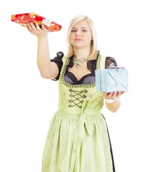 Young woman with two colorful gifts