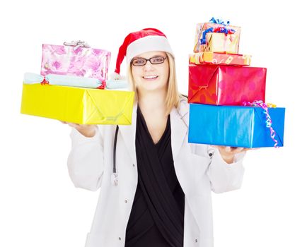 Medical doctor with a lot of christmas gifts