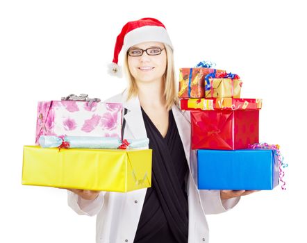 Medical doctor with a lot of christmas gifts