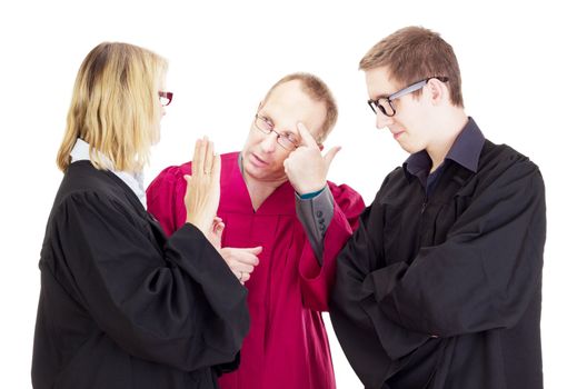 Three jurists debate about a lawsuit