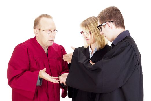 Three jurists debate about a lawsuit