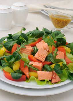 Vegetable salad with slices of salmon, roots, arugula, tomatoes and peppers, seasoned with mustard sauce with curry