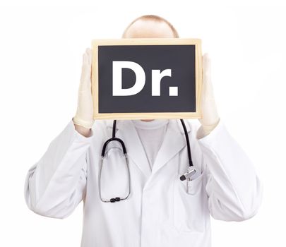 Doctor shows information on blackboard: dr