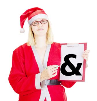 Female santa showing something on clipboard