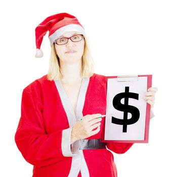 Female santa showing something on clipboard