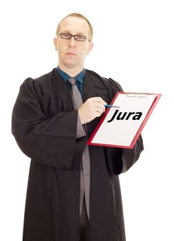 Lawyer showing something on clipboard