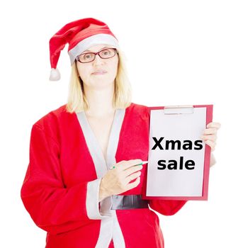 Female santa showing something on clipboard