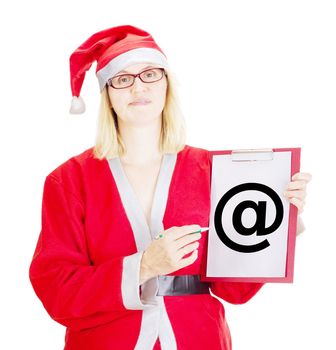 Female santa showing something on clipboard