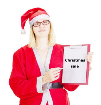 Female santa showing something on clipboard