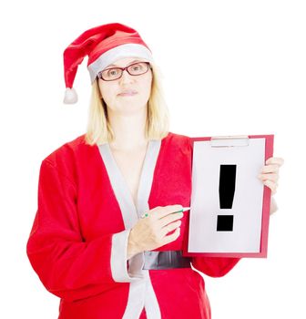 Female santa showing something on clipboard