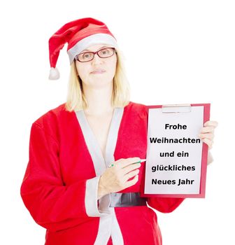 Female santa showing something on clipboard