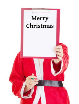 Female santa showing something on clipboard