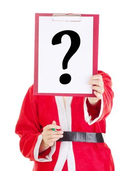 Female santa showing something on clipboard
