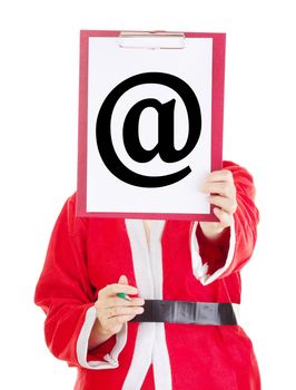 Female santa showing something on clipboard