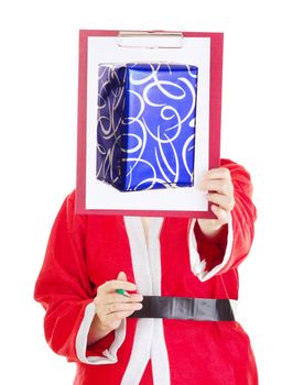 Female santa showing something on clipboard