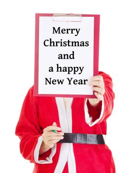 Female santa showing something on clipboard
