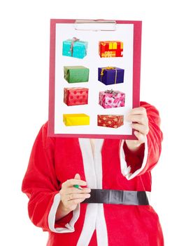 Female santa showing something on clipboard