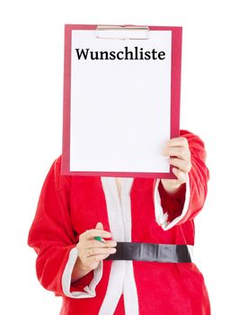 Female santa showing something on clipboard