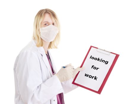Medical doctor with clipboard: looking for work