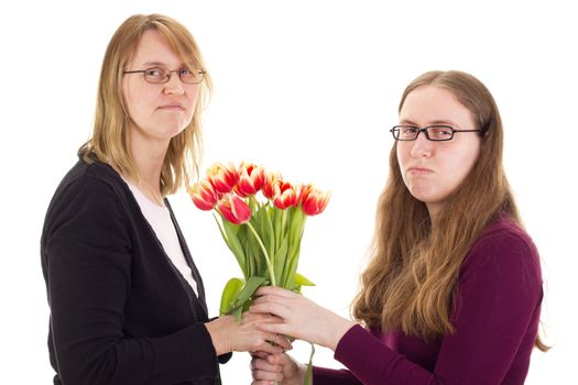 Women quarreling over tulips