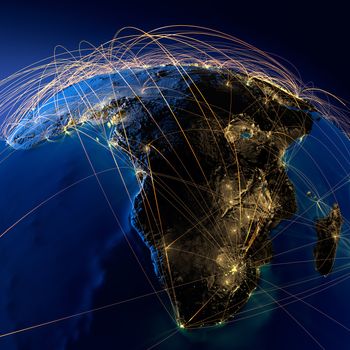 Highly detailed planet Earth at night with embossed continents, illuminated by light of cities, translucent and reflective ocean. Earth is surrounded by a luminous network, representing the major air routes based on real data