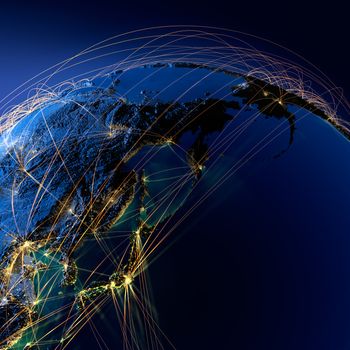 Highly detailed planet Earth at night with embossed continents, illuminated by light of cities, translucent and reflective ocean. Earth is surrounded by a luminous network, representing the major air routes based on real data