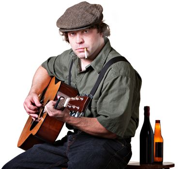 Guitar player with cigarette and bottles of beer