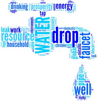 Water faucet tag cloud with blue words on a white background