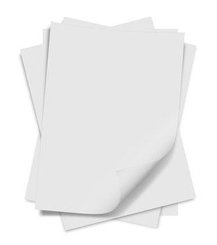 close up of stack of papers with curl on white background