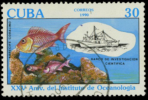 CUBA-CIRCA 1990: A stampCUBA-CIRCA 1990: A stamp printed in Cuba shows fish Arrecife coralino, circa 1990 printed in Cuba shows fish Arrecife coralino, circa 1990