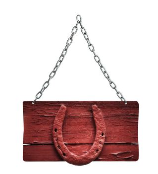 The old horseshoe and wooden sign and chain on white background