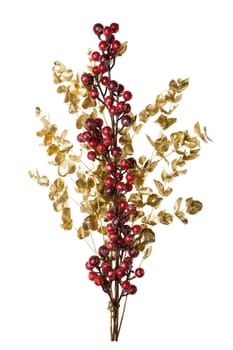 Sparkly Red Berries on Golden Leaves Isolated Background with Copy Space