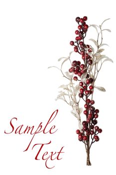 Sparkly Red Berries and Silver Glitter Pearl Leaves Background with Copy Space
