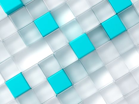 Abstract background consisting of white and blue plastic cubes