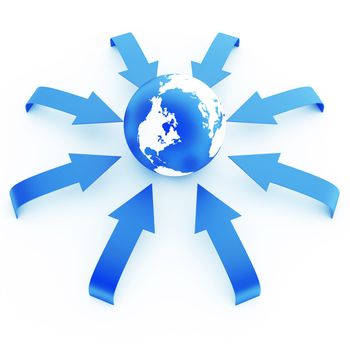 earth in an environment of blue arrows on a white background