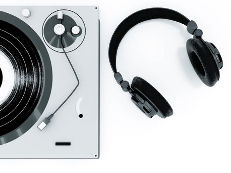 headphones and turntable on a white background