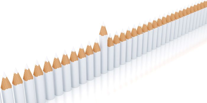 row of identical pencils on a white background