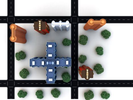 city ??block with buildings roads and landscaping