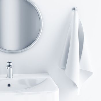 bathroom interior in light colors with a sink and mirror and towel