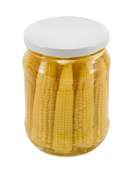 glass jar of preserved ecological natural healthy mini corn ears isolated on white background