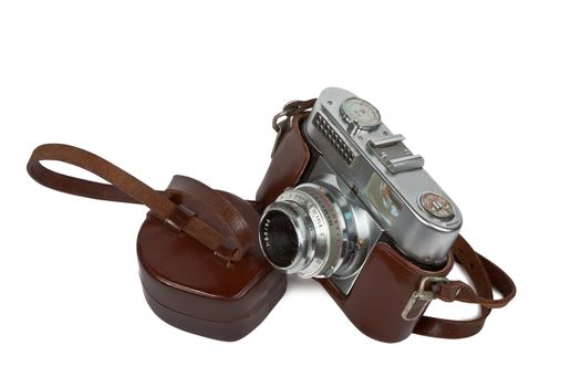 vintage camera with leather box isolated on white background