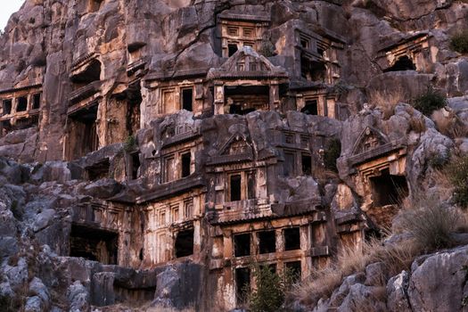 Ancient lycian Myra rock tomb ruins at Turkey Demre