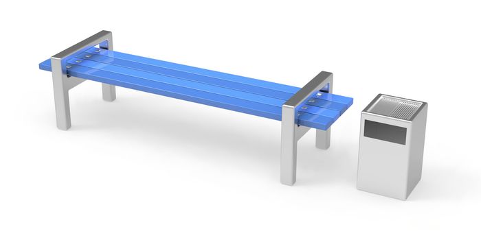 Blue bench and bin on white background