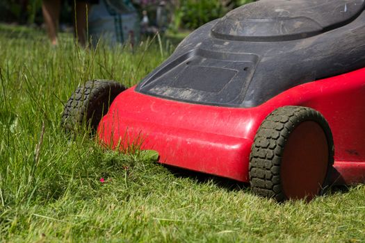 red lawn mower in  green grass