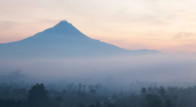 Sunrise Mountain Landscape of Mount Merapi Volcano from Borobudur Yogyakarta Indonesia