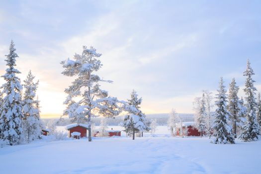 Winter landscape with house at Kiruna Sweden lapland